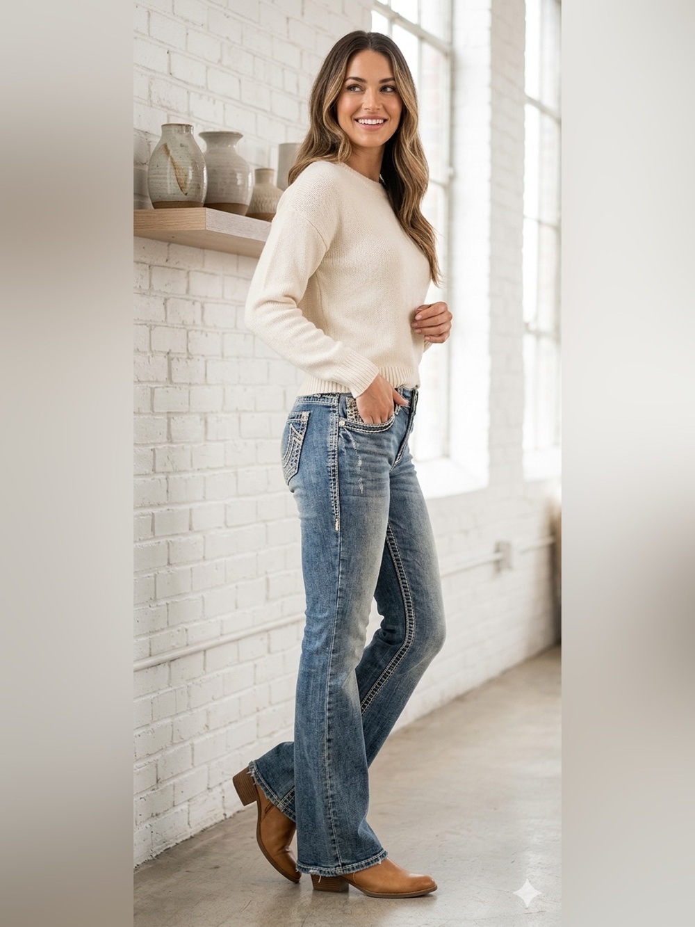 Big Star Jeans 29R bootcut Liv womens denim embroidered distressed Mid Wash